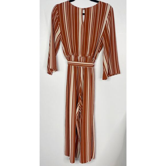 Miami Medium Rust Orange Cream Striped Jumpsuit Tie Waist VNeck Wrap Francescas - Picture 2 of 12